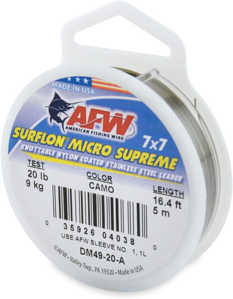 American Fishing Wire Surflon Micro Supreme 7x7 Stainless Steel Leader Wire - 20 lb Test, Camo, 16.4 ft - Image 1